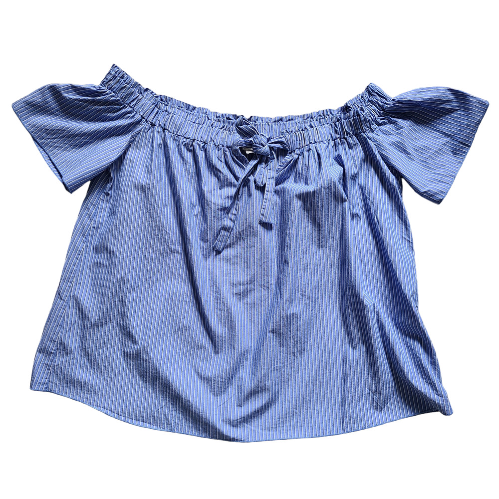 PERCH by Blu Pepper Off the Shoulder Blue White Pinstripe Tie Front Top 1X XL
